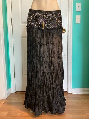 Black Embellished Waist Boho Long Skirt